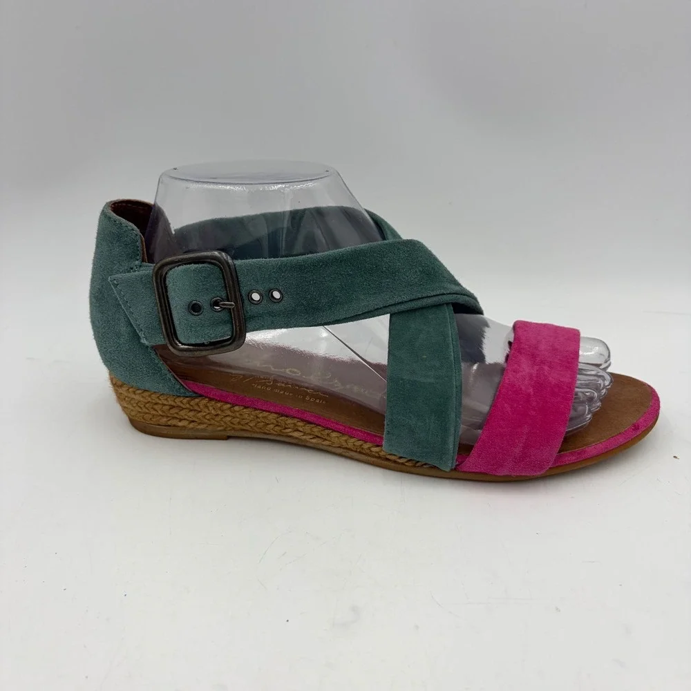 Suede Espadrille Sandals Flats Teal Pink Colorblock Artsy Spain Women 6-6.5 READ